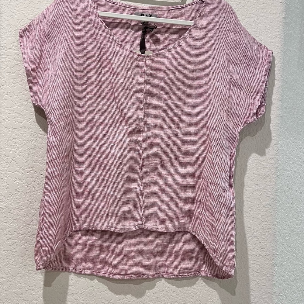 Flax Pink Striped Linen Scoop Neck Short Sleeve Top